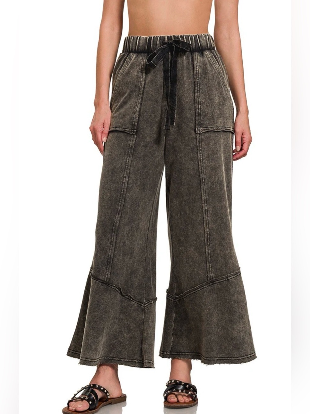 New Zenana Outfitters Kick Flare Wide Leg Pants ~ Washed Charcoal Black - Picture 1 of 10